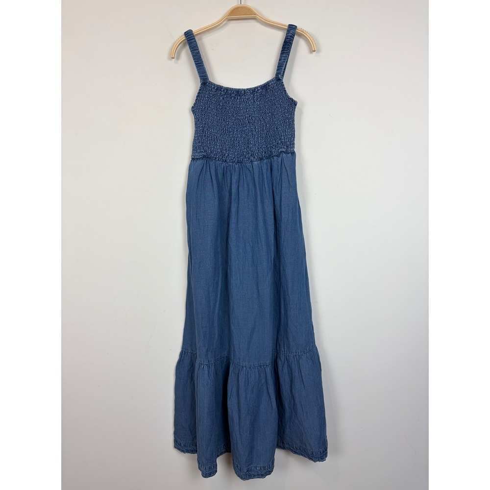 Marine Layer Selene Maxi Dress Medium Chambray Blue Smocked Tiered Linen Blend - Picture 3 of 11